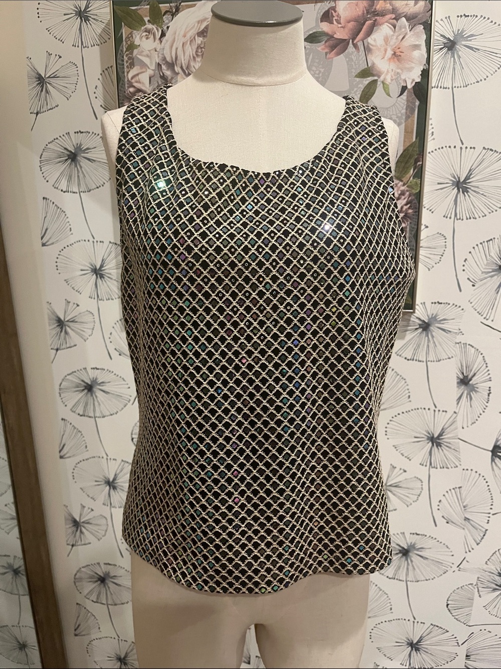 St John M vtg Black Sequin Mesh Sleeveless Top